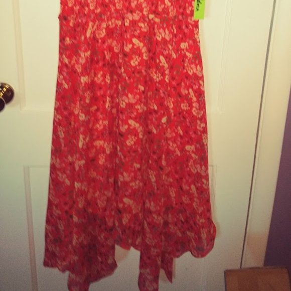 Sam Edelman Orange Coral Floral Sleeveless Smocked Handkerchief Hem dress Sz L - Picture 5 of 15